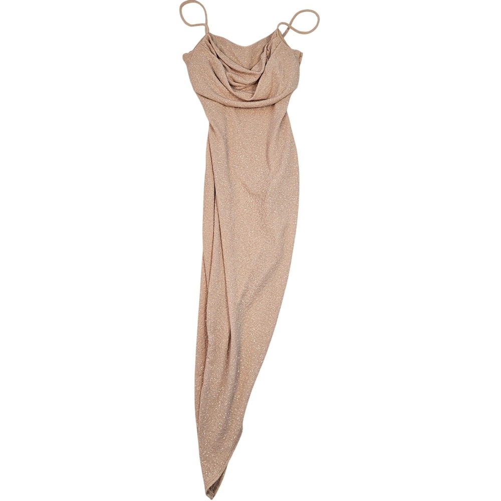 Q U.S.A. Cowl Neck Metallic Champagne Gold Glitter Asymmetrical Midi Dress Small